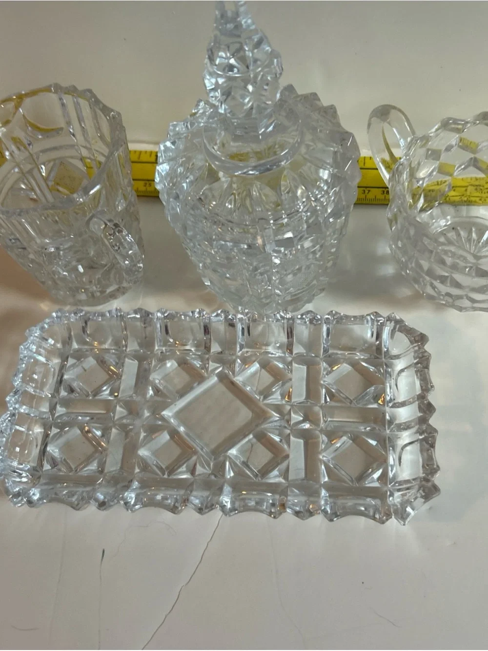 American Brilliant Elegant Cut Glass Creamer, Sugar bowl with Lid, and Tray